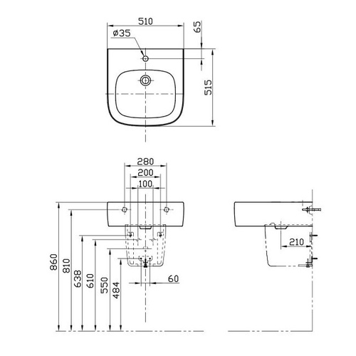 TOTO NC Раковина подвесная с полупьедисталом 510x515x177